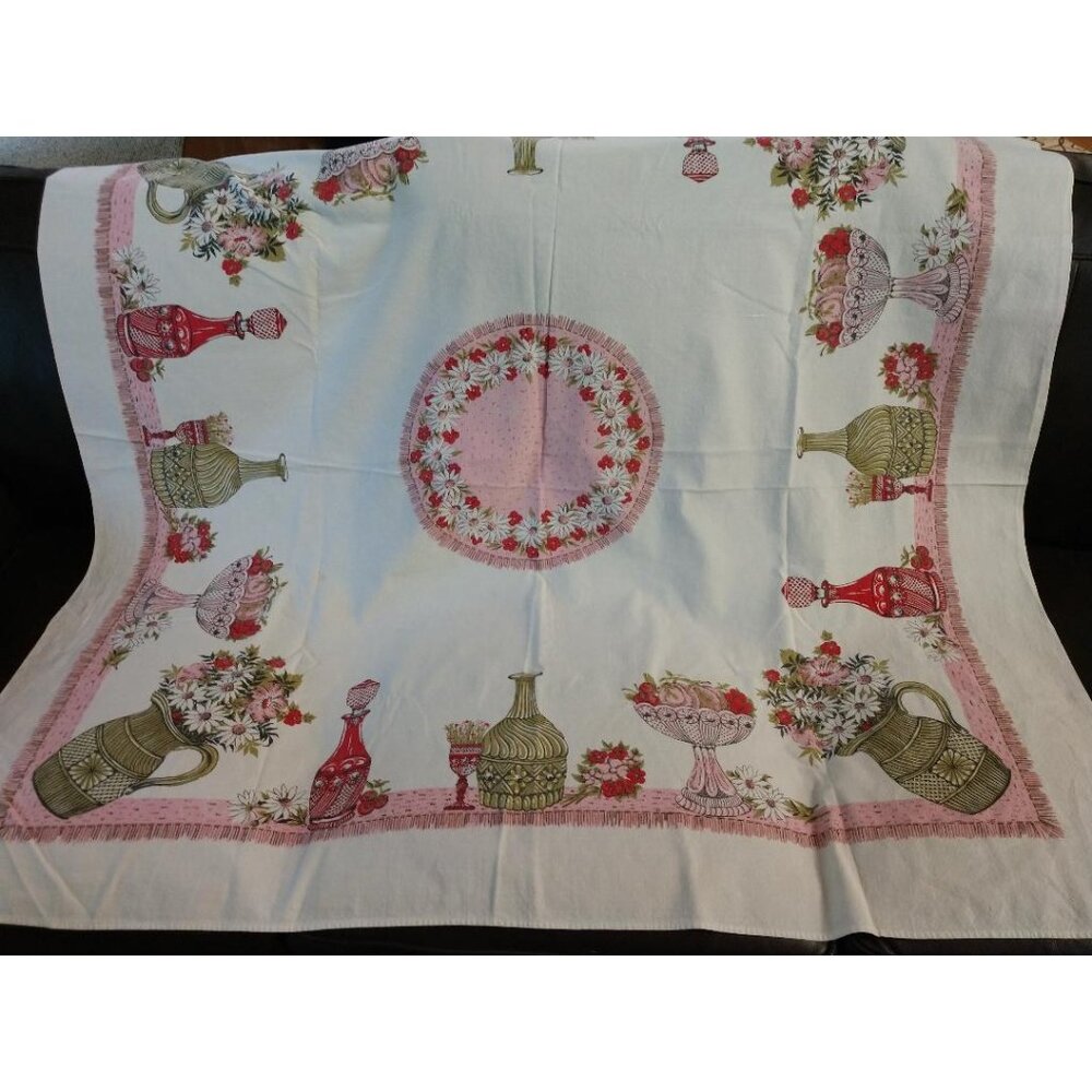 Vintage Cotton Tablecloth W/Floral &Vase Design Pink Green White 46-1/2"x48-1/2"